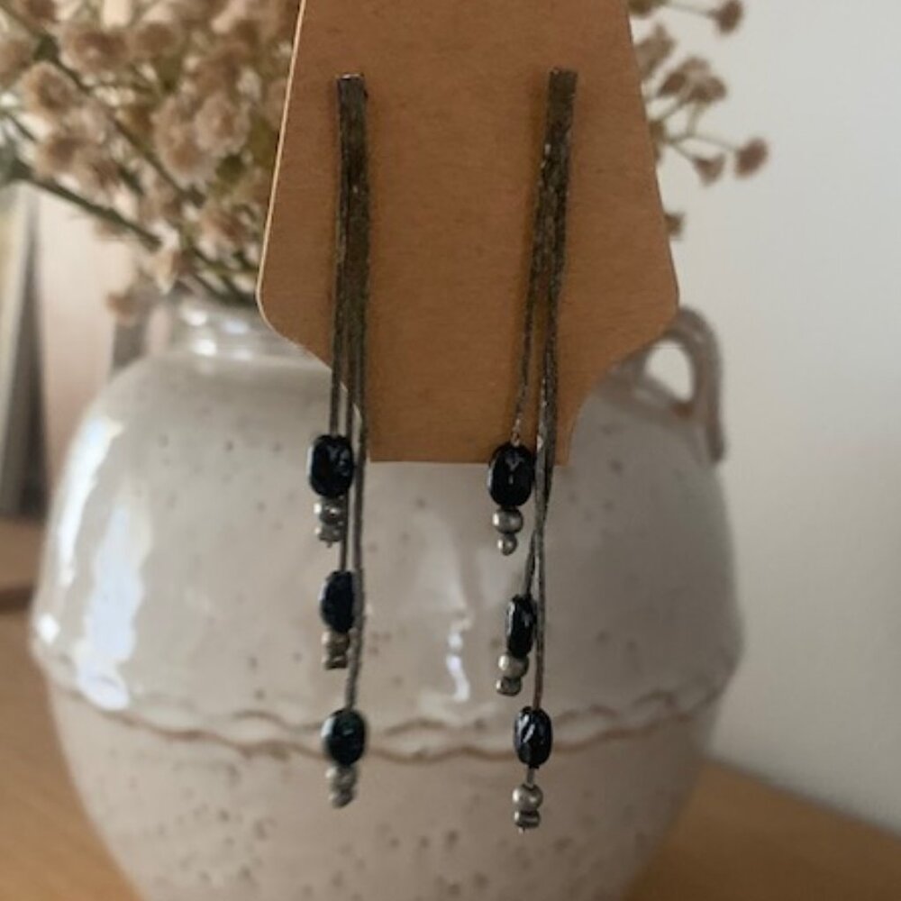 Dark silver color Black bead Cascading Earrings | Boho Organic Minimalist
